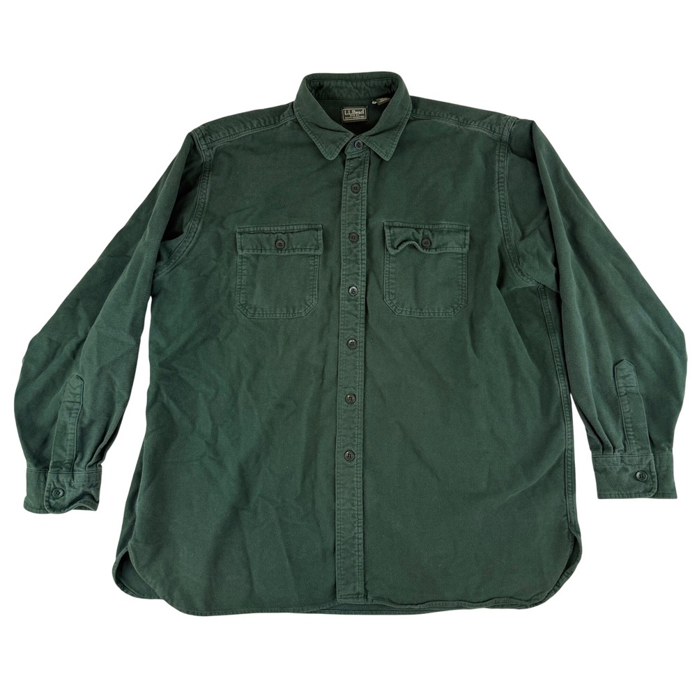 LL Bean Chamois Shirt Mens XL Green Heavyweight Cotton Button Down Flannel USA